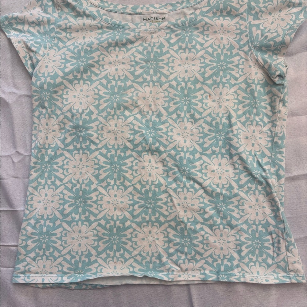 Madison Women's Teal and White Patterned Tee